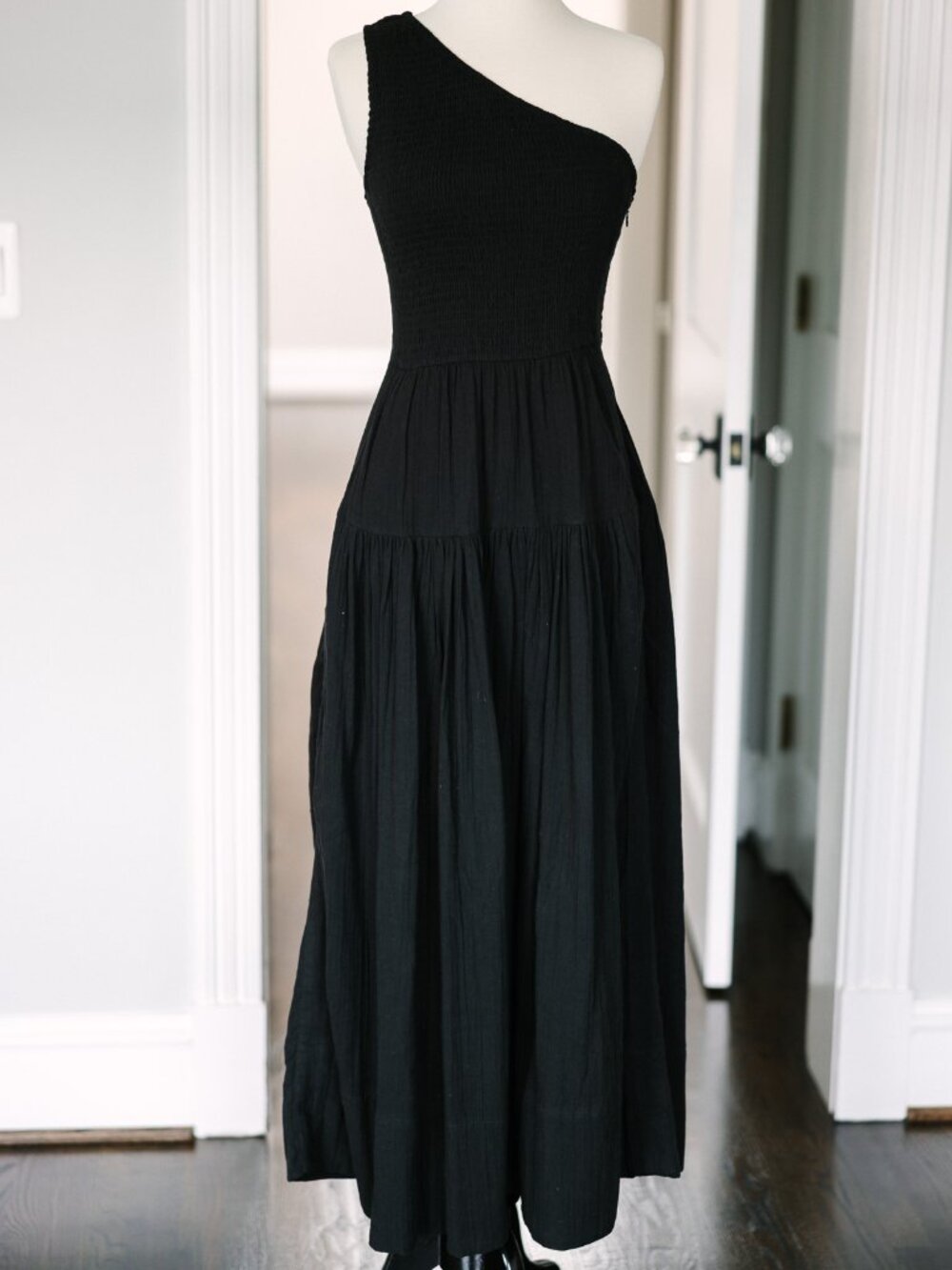 ME+EM Black Cotton Gauze One-Shoulder Maxi Dress | Smocked Bodice | US 4
